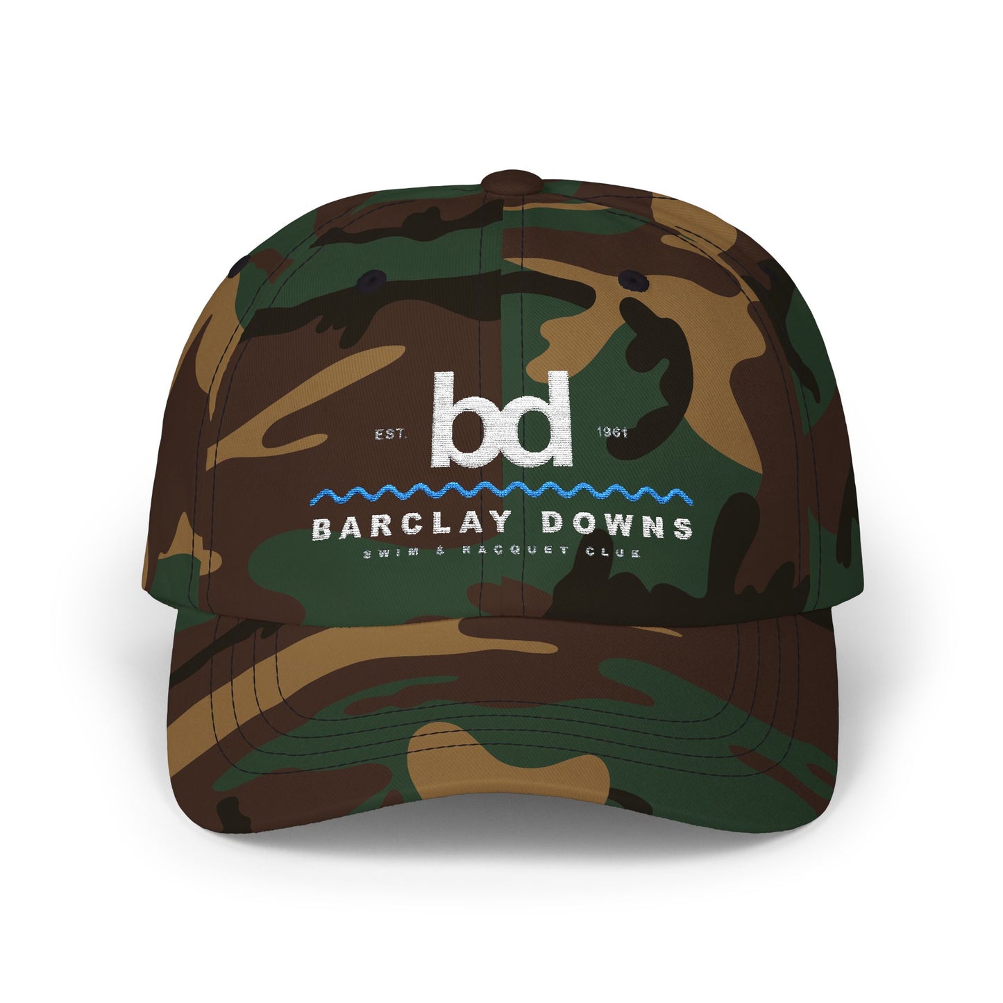 Barclay Downs Swim Club Embroidered Baseball Hat - Camo, Dark Grey, Black, Navy